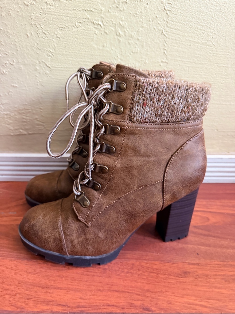 BAMBOO Brown Lace-Up Knit Cuff Chunky Heel Ankle Boots